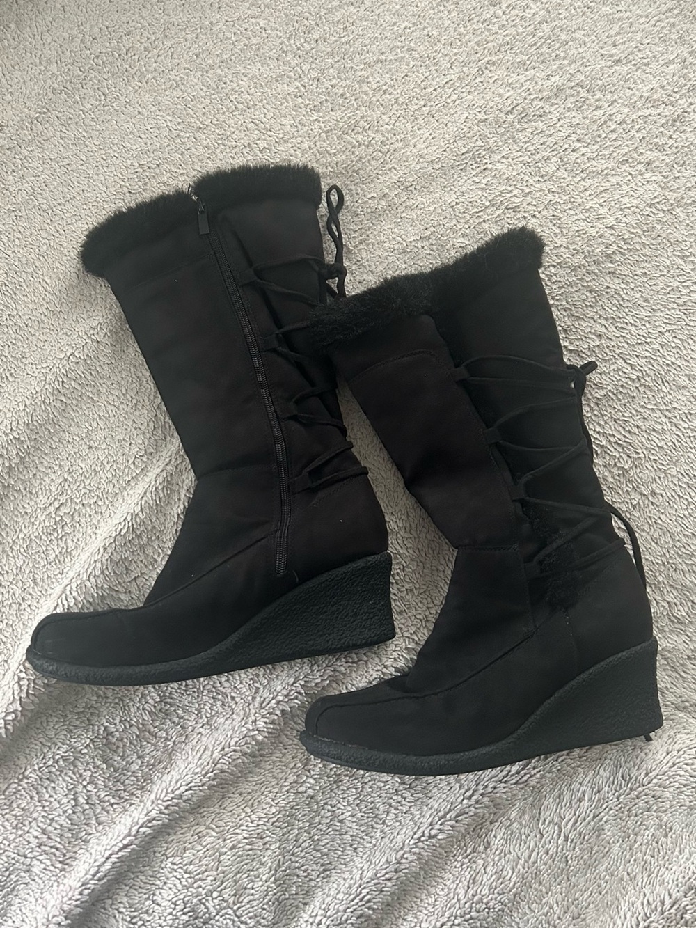 Traffic Black Wedge Lace-Up Boots with Faux Fur Trim
